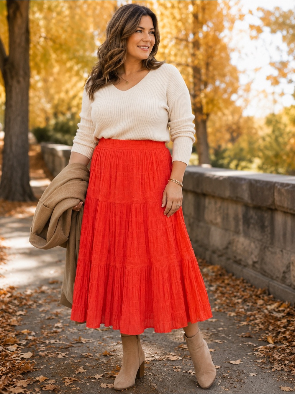 Max Studio London NWT Size S Red Tiered Textured Maxi Skirt Boho Fall